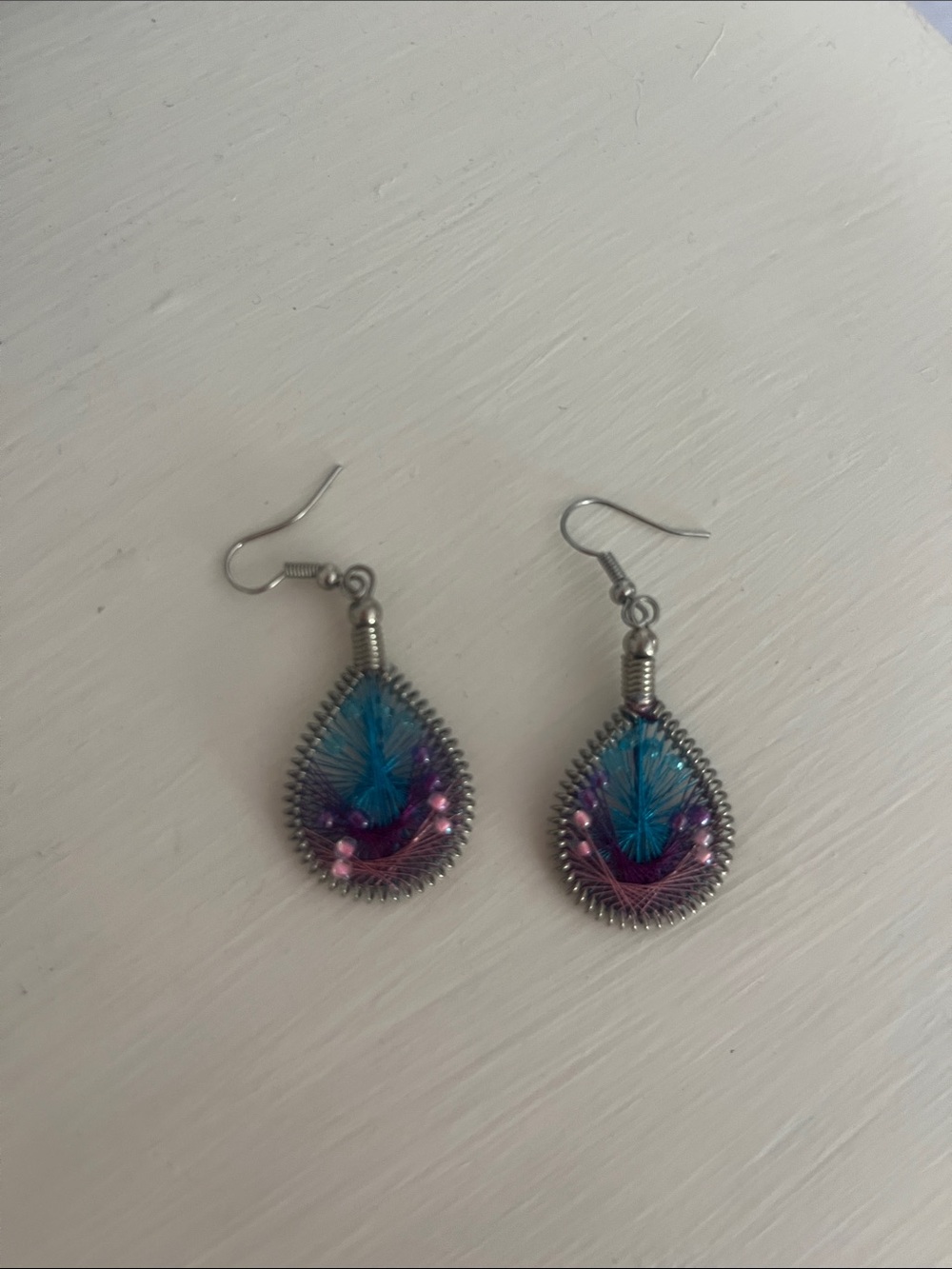Handcrafted Teardrop Blue & Purple Thread Earrings